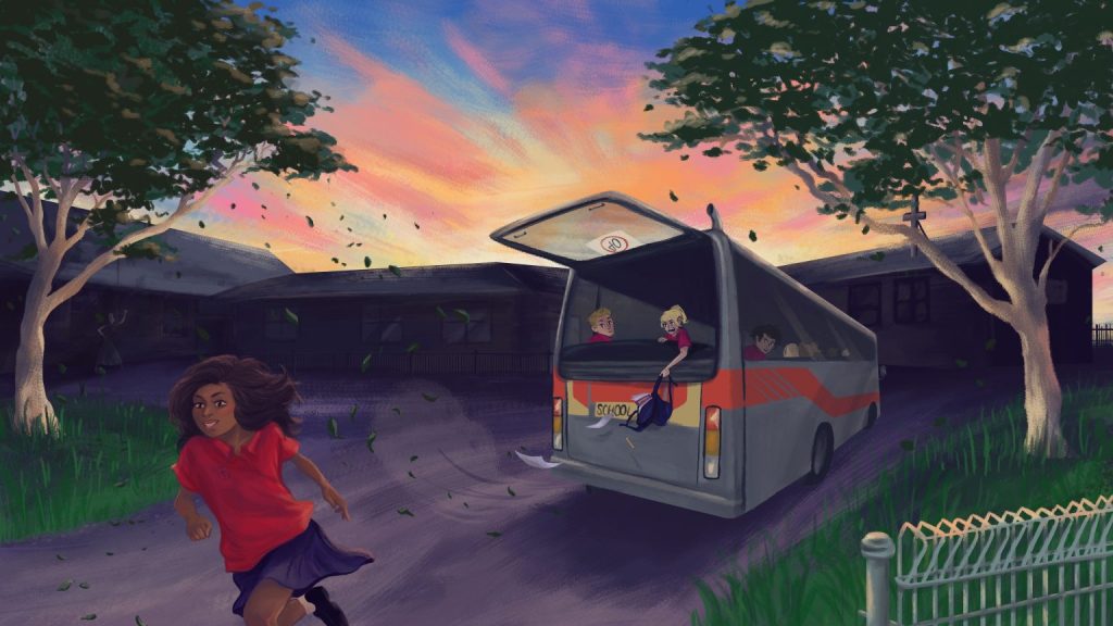 An illustration showing a young girl with brown skin and a smile on her face running away from a school bus with an open back window. There are other kids in the bus watching her, and gum trees to either side. In the background is a school building with a cross on the roof, and a beautiful multicoloured sky.